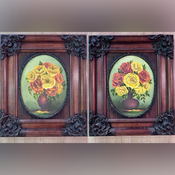 Pair Antique Original Oil Paintings Still‎ Life Floral Ornate Wood Frame 17”x20”